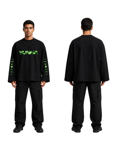 Green Lunar Cycle Black T-shirt